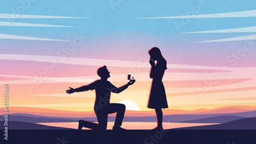 Man Proposing to Woman on One Knee at Sunset