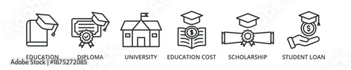 Scholarship banner icon with education, diploma, university, education cost, scholarship, student loan