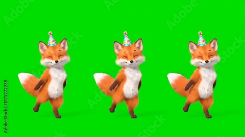 Cute Animated Foxes in Party Hats Dancing Joyfully Across a Green Screen Background, Perfect for Festive Celebrations and Children's Events