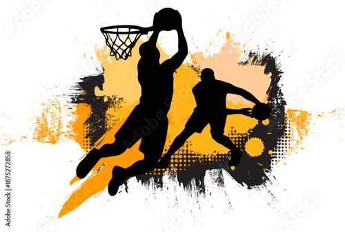 silhouette baskterball player with black orange brush ink banner artistic grunge graphic style symbol logo