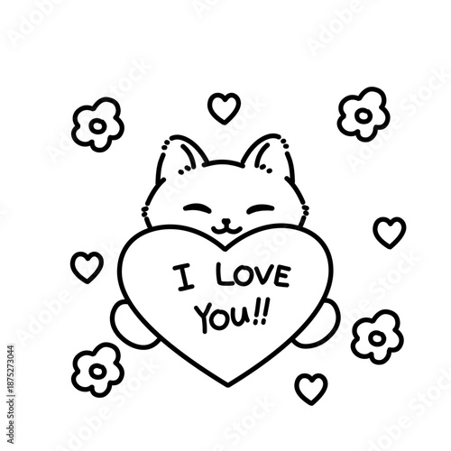 Cute cat holding big heart with “I love you” text and flowers. Sweet romantic black and white line illustration for greeting cards.