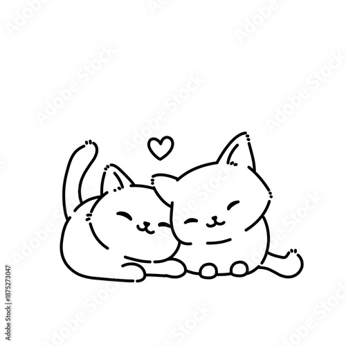 Two cuddling cats lying together with a heart symbol. Peaceful minimalist line drawing showing warmth, comfort, and love.