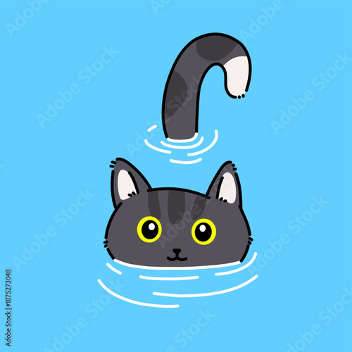 Playful black cat swimming with raised curved tail on blue background. Cute colorful cartoon feline with bright yellow eyes.