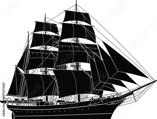 black sailing ship silhouette with tall masts and sails, vintage pirate boat, nautical maritime vector illustration isolated design