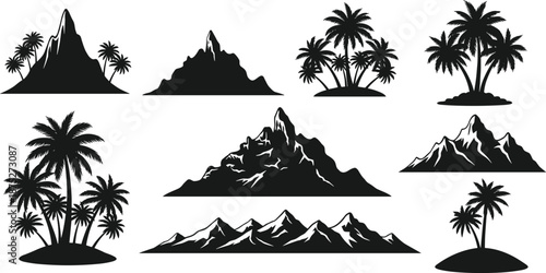 black silhouette tropical island landscape set with palm trees and mountains, nature scenery vector illustration bundle isolated design elements
