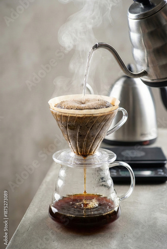Manual Pour-Over Coffee Brewing Process with Gooseneck Kettle and Steaming Hot Water Stream