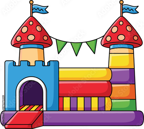 colorful inflatable bouncy castle playground for kids, fun cartoon jump house, children party amusement vector illustration isolated design