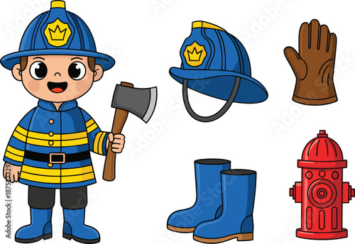 cute cartoon firefighter character with fire axe, helmet, boots, gloves, hydrant, kids illustration vector clipart emergency rescue safety education design