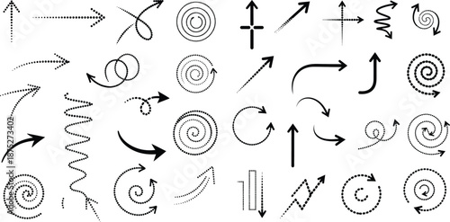 A diverse set of black arrows illustrating direction and flow in both solid and dotted styles