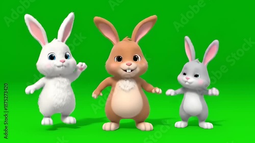 Cute cartoon bunnies dancing and waving on a vibrant green background, perfect for children's content
