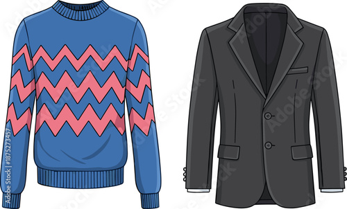 Men clothing illustration, casual sweater and formal blazer jacket, fashion apparel comparison, stylish outfit design, isolated vector clothing set