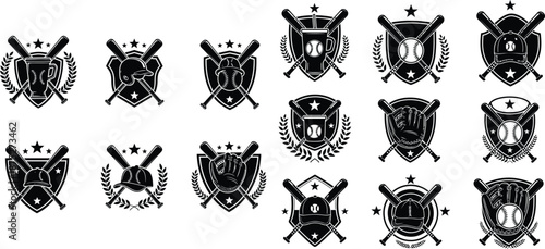 Assorted baseball emblems featuring bats, balls, helmets, and gloves within shield designs for team branding