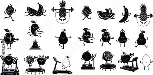 Assortment of cheerful fruit characters engaging in various fitness and wellness activities for health