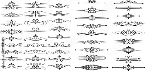 Assortment of elegant decorative dividers and ornamental page borders with classic scrollwork flourishes for design