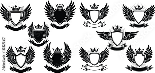 Black and white collection of royal heraldic emblems with crowned shields and majestic wings design elements