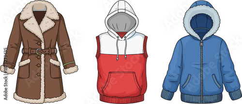Winter clothing illustration set, fur coat sleeveless hoodie jacket, warm fashion apparel collection, seasonal outerwear design, isolated vector garments