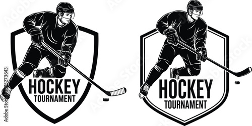 Black and white hockey player emblem for a tournament or sports team event branding