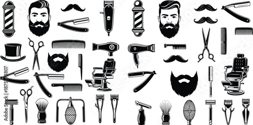 Classic barbershop equipment and grooming elements collection for professional salon branding needs