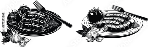 Classic grill concept with hot sausages served on a plate alongside fresh tomatoes and garlic