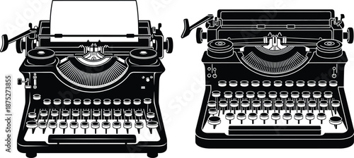 Classic vintage typewriters with mechanical keys and paper loaded, evoking a sense of history and traditional writing