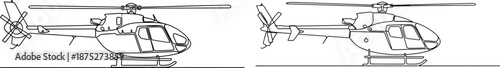 Clean line art depiction of two different helicopter models, suitable for aerospace and travel themes
