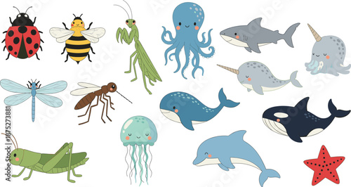 Large Collection of Cute Insects and Sea Animals Including Ladybug, Bee, Praying Mantis, Shark, Whale, and Dolphin.