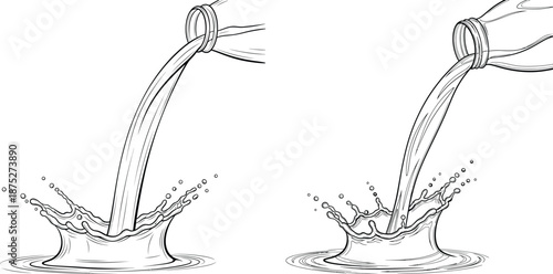 Clear liquid pouring from a bottle, creating a vibrant splash and circular ripples upon impact