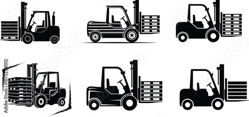 Forklift Industrial Truck Silhouette Icon Set, Warehouse Logistics Operations with Pallets and Cargo, Material Handling Equipment Vector Illustrations for Supply Chain and Distribution.