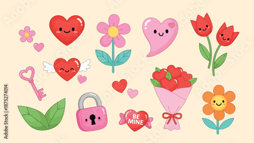 Cute Valentine's Day Elements Hearts Flowers and Love Symbols