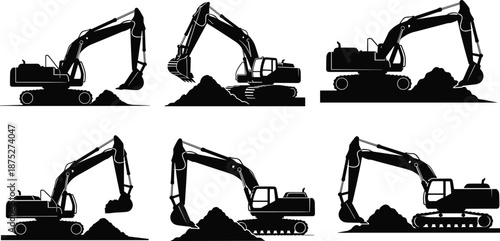 Heavy Construction Excavator Machinery Silhouette Set, Industrial Earth Moving Equipment Digging Ground, Vector Illustrations for Mining, Demolition, and Civil Engineering Projects.