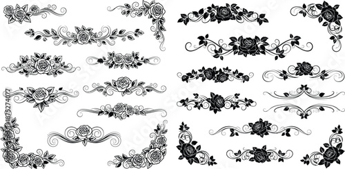Collection of elegant rose flower ornamental corners and decorative floral borders for wedding invitations