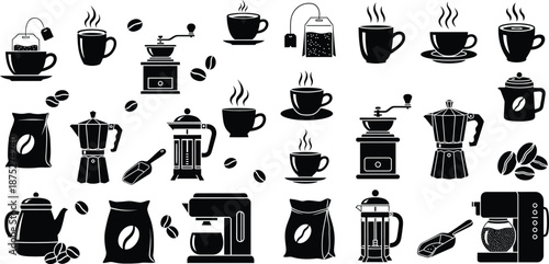 Collection of steaming coffee and tea drink cups with brewing equipment and roasted beans