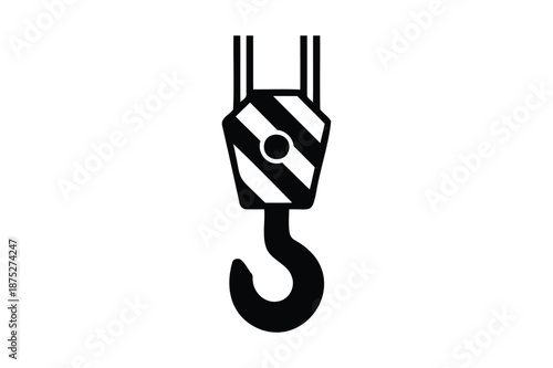 Black crane hook icon with diagonal stripes on white background