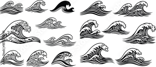 Collection of stylized ocean waves with different forms and sizes in a traditional linear art style