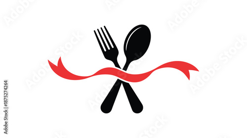 Black Fork and Spoon Crossed with Red Ribbon cutlery