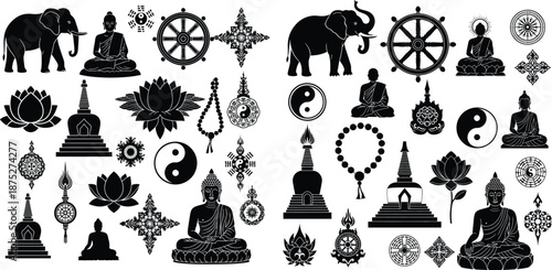 Collection of traditional Buddhist symbols featuring meditating Buddha, elephants, lotus flowers, and Dharma wheels