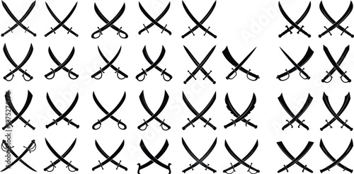 Collection of various crossed sword silhouettes featuring sabers and medieval blades for historical themes