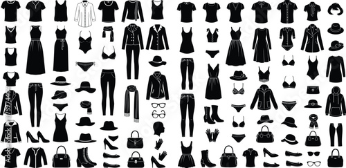 Comprehensive collection of fashion clothing and accessories silhouettes for men and women, suitable for retail store icons