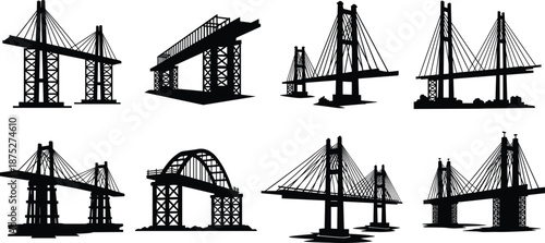 Large Black Silhouette Vector Set of Bridge Construction and Civil Engineering Projects Showing Multiple Bridge Types, Stages of Building, and Infrastructure Icons on White