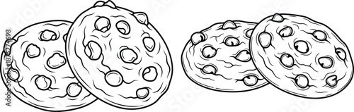 Delicious chocolate chip cookies in simple line art style, perfect for sweet treats and bakery illustrations
