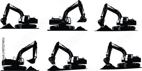 Manual Laborer with Shovel Silhouette Icon Set, Construction Worker Digging and Standing in Hard Hat, Vector Illustrations for Groundwork, Gardening, Road Repair, and Maintenance Services.