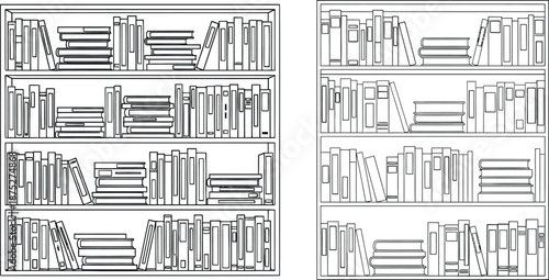 Detailed line art drawings of bookshelves filled with various books, ideal for education or library themes