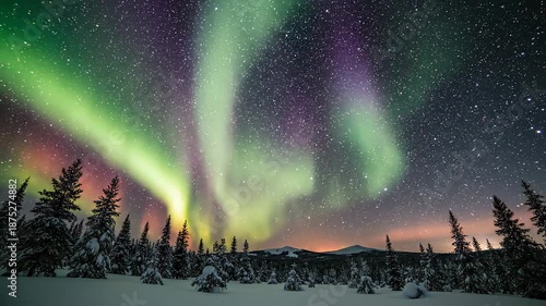 Stunning northern lights display over snow covered trees under starry sky