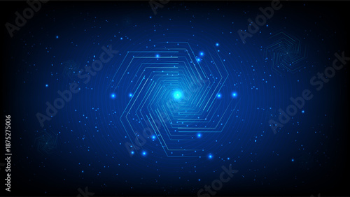 Abstract blue hexagonal tunnel with glowing light, digital particles and futuristic technology space background
