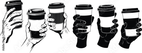 Diverse hands holding various takeaway coffee cups in a stylized black and white illustration