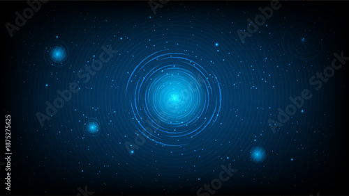 Abstract blue circular light waves with glowing particles, cosmic digital space and futuristic technology background