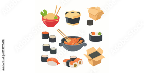 Cute cartoon flying Asian food vector set isolated
