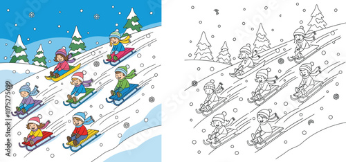 Vector illustration of happy children sledding on a snowy hill, presented as both a full-color scene and a black and white coloring page outline for kids winter activity.