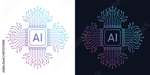 Artificial Intelligence AI Microchip with Neural Circuit Design. Vector Illustration of an AI Processor with Neural Circuitry Representing Machine Learning, Deep Learning and Intelligent Systems