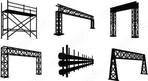 Metal Scaffolding, Truss Bridge, and Pipe Structure Silhouette Set, Construction Framework and Temporary Support Vector Illustrations for Industrial, Engineering, and Building Design.